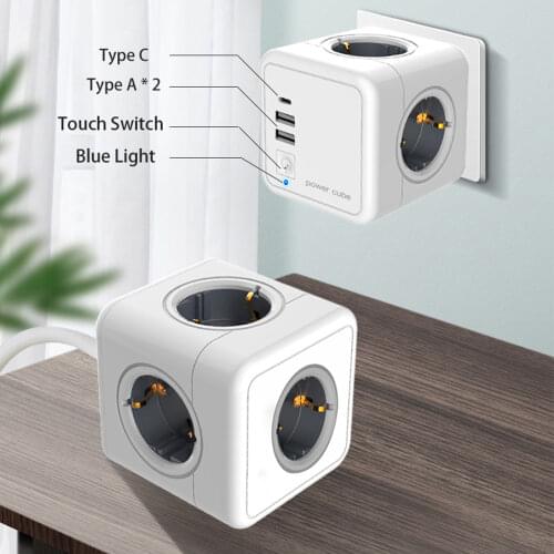 Power Strip Plug Extension Socket Power Cube USB Outlets Eu Plug Terminal with Wall Adapter 250V with USB Type-C Multi Outlet