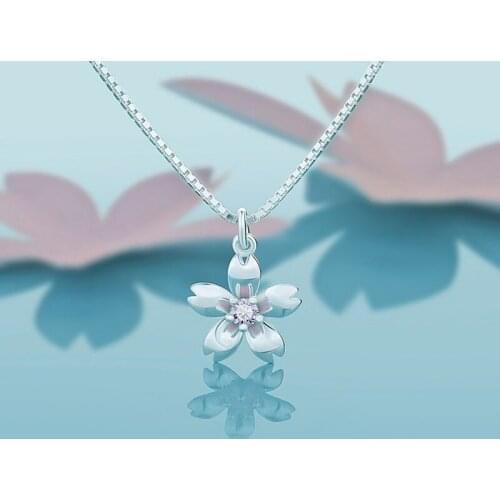 Bohemia Fashion Design Cherry Blossoms Pendant Simple Silver Plated Charm Women Pink Crystal Necklace Women Wedding Jewelry