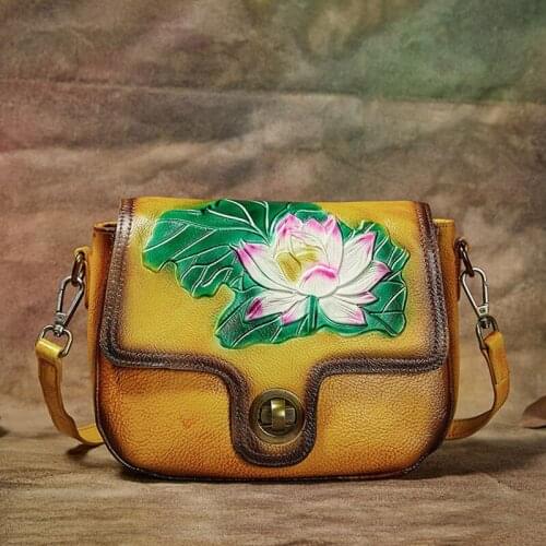 Retro Women Bag 2021 New Embossed Hand Painted Messenger Bag Genuine Leather Lotus Leisure Shoulder & Crossbody Bags Sac A Main
