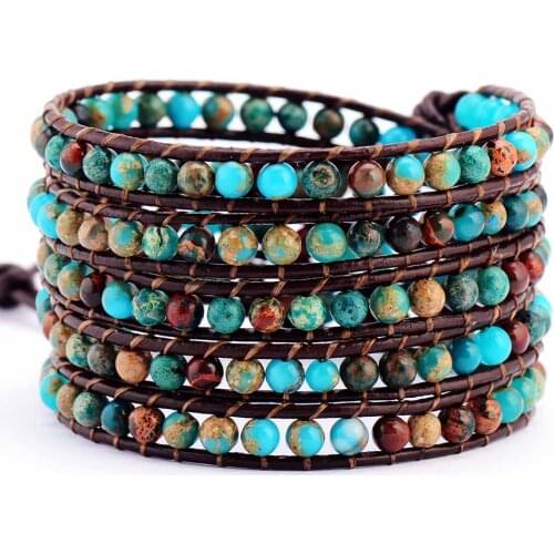 Boho Natural Stone Leather Wrap Bracelet Unisex Semi Precious Stone Beaded Weaving Bracelet women Leather Rope Jewelry Dropship