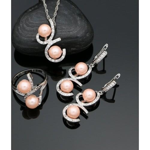 Pink Pearl 925 Sterling Silver Bridal Jewelry Set for Woman Ring Earring Pendant Chain Wedding Jewelry Pearl Accessories