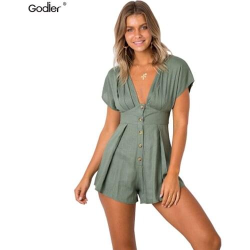 Godier Women Sexy Rompers Casual Button Female Short Playsuit Short Sleeve Summer Bodysuits Sexy Deeap V Neck Jumpsuit