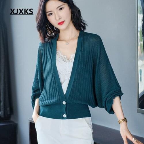 XJXKS Fashion large V-neck women knitted thin cardigan 2020 spring summer new casual bat sleeve women sun protection clothing