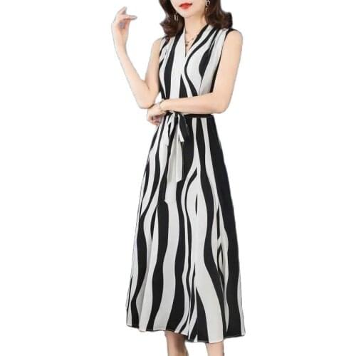 New Summer stripe Print belt Dress Women Casual sleeveless Medium Long Chiffon Dress belt Vestidos
