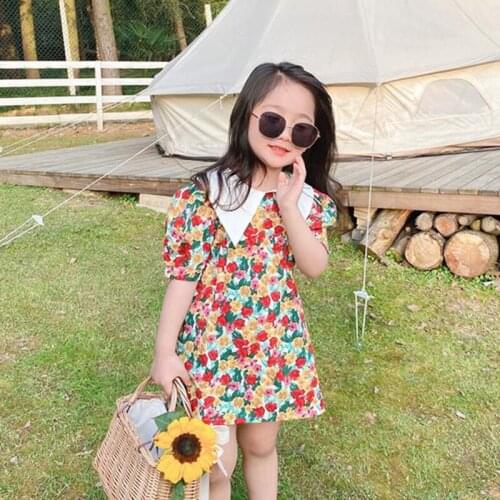 2021 New Summer Girls Dress Flower Prints A-line Kids Dresses for 2 3 4 5 6 7 Year Girl Floral Children Princess Costume