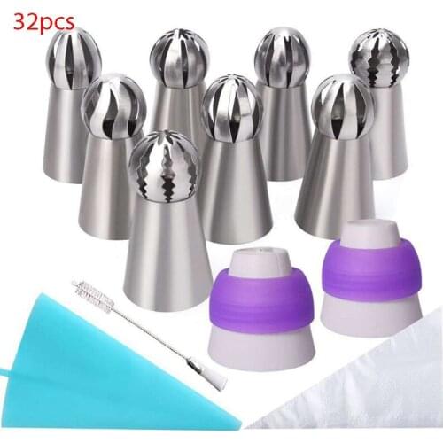 32 Pcs Decorating Nozzle Set Ball Shape Stainless Steel Decorating Nozzle Cleaning Brush Pastry Bags Cake Decorating Tools