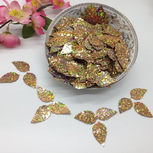50g/lot Leaf Sequins 13*24mm PVC Sewing DIY Garment Accessories Leaves For Crafts With 2 Holes Laser Light Brown