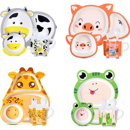 Smgslib Baby Bamboo Bowl+Spoon+Fork Feeding Food Tableware Set Cartoon Aniaml Bee Kid Dishes Bamboo Feeding Bowl Dinner Plate