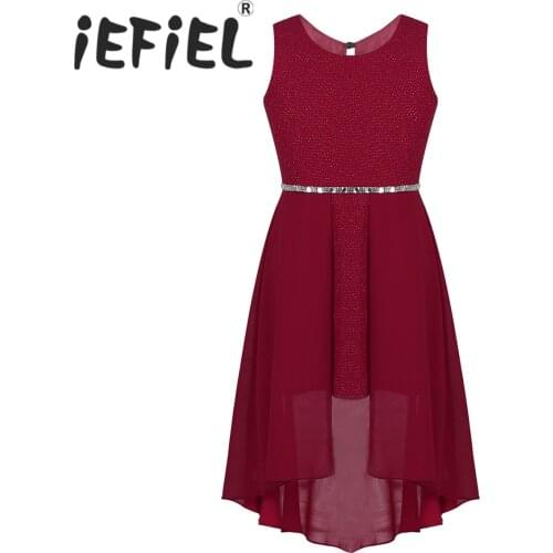 Kids Girls Flower Girls Tulle Dress Sleeveless Sparkly Rhinestone Waist High-low Hem Chiffon Princess Dress for Birthday Party