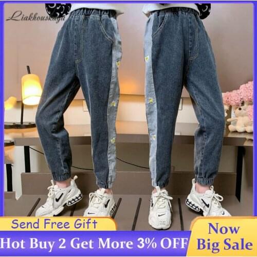 Baby Girls Jeans Kids Spring Slim Jeans Girls Flowers Embroidery Fashion Pants Teens Elastic Waist Casual Trousers Girls Clothes