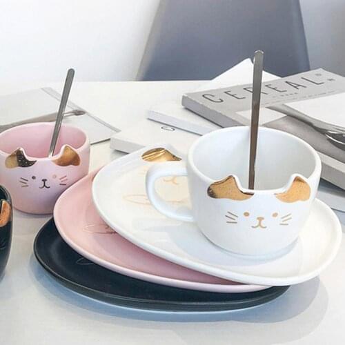 1 Set Coffee Cup Cat Painted Nordic Style Ceramic Home Coffee Mug Plate Spoon Set for Drink Cafe Kitchen Accessories Products
