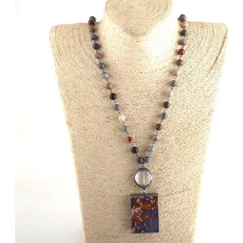 MD Fashion Bohemian Tribal Jewelry Natural Stone Rosary Chain Rectangle Ag Stone Pendant Necklaces For Women Beads Necklace
