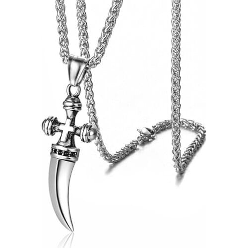 Silver Color Cross Dagger Pendant Mens Necklace Cool Knife Stainless Steel Necklaces Punk Fashion Male Jewelry Gift