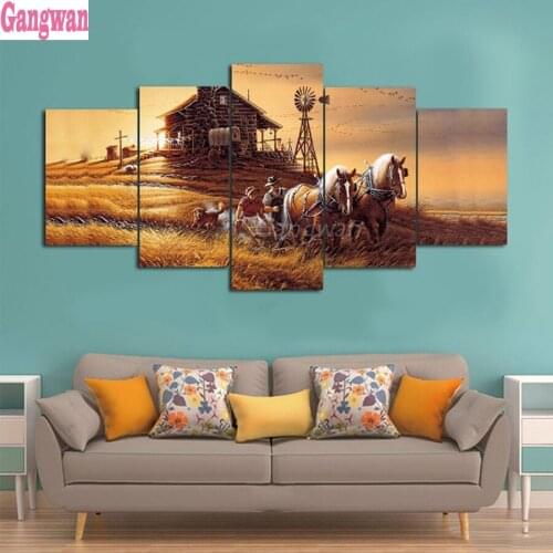 5 pcs set Diy diamond Painting Cross Stitch Rural couple farming full square round stones mosaic diamond embroidery horse decor