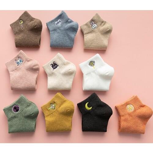 1 Pair Cartoon Women Socks Harajuku Cute Casual Kawaii Solid Cute Girl Funny Embroidered Cotton Ankle Summer Moon Cat Slippers