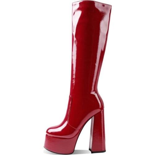 2021 New Autumn Winter Sexy High Heeled Long Boots Platform Womens Shoes Thick heel Patent leather Knee length Womens Boots