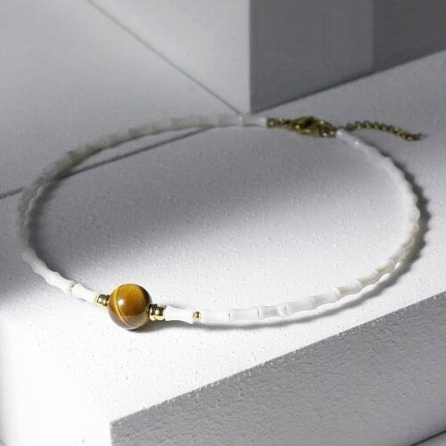 Women Girls Choker Necklace Hand-made White Bamboo Shaped Shell Tiger Eye Bead Charm Fashion Jewelry Best Gift DN200A