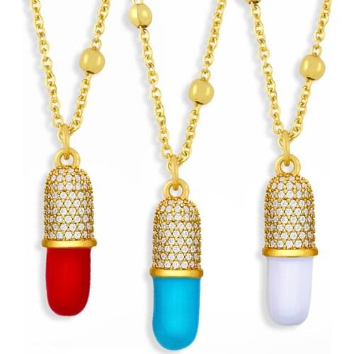 FLOLA Brass CZ Cute Small Pellet Pill Necklace Gold Chain Beads Women Enamel Pendant Necklace Crystal Fashion Jewelry nkev66