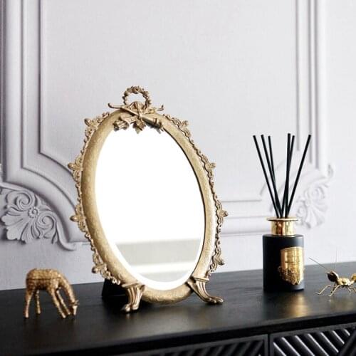 Retro French Carved Bow Wreath Copper Makeup Mirror Light Luxury Desktop Vanity Mirror Living Room Villa Desktop Decorative