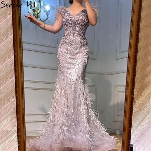 Pink Diamond Feathers Sleeveless Luxury V-Neck Sexy Mermaid Evening Dresses 2021 Formal Gown Elegant Serene Hill BLA70350