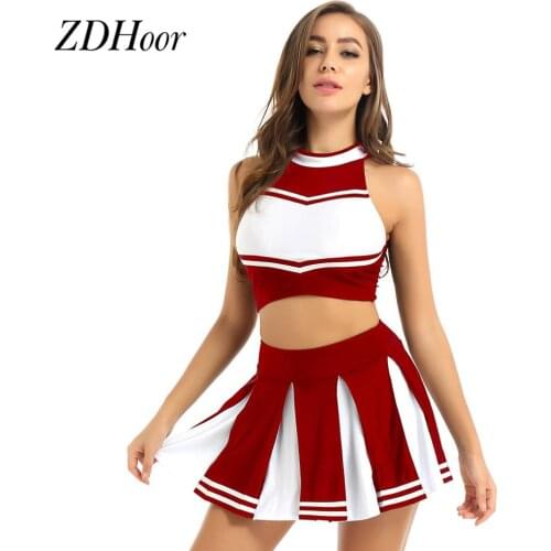 Sexy School Girl Cheerleader Costume Women Adult Cheerleading Uniform Dancing Outfit Sleeveless Crop Top with Mini Pleated Skirt