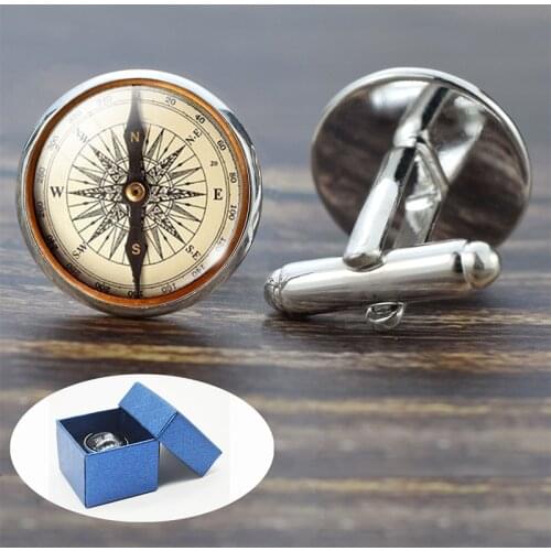 Compass Cuff Links Vintage Compass Clock Sailboat Pattern Alloy Cuff Links for Men Gift Glass Cabochon (Its Not A Real Compass)