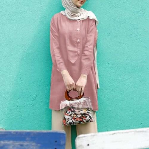 Retro Casual Blouse ZANZEA Women Long Sleeve O Neck Tops Muslim Fashion 2021 Solid Blouse Elegant Loose Tops Blusas Mujer S-5XL