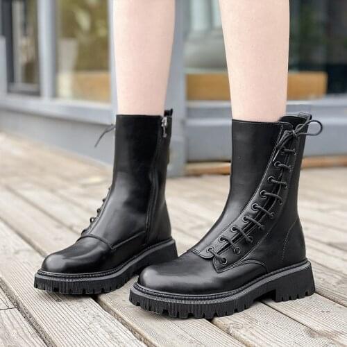 Womens Ankle Boots PU Leather Lace-Up Zip Platform Solid Female Winter Shoes Leisure Mature With Plush Ladies Footwear Fashion