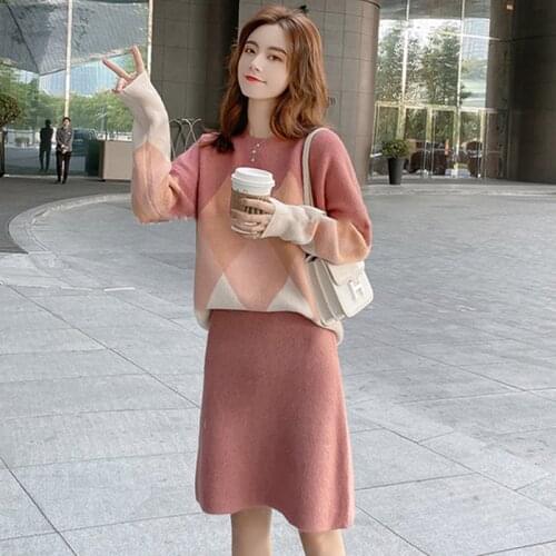 High Quality Womens Knitted Set 2021 Autumn Winter New O-neck Geometric Palid Loose Pullover Sweater Tops+A-line Skirt Suit