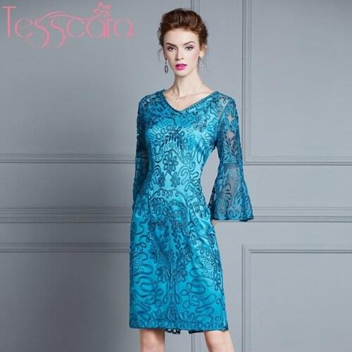TESSCARA Women Runway Designer Luxury Embroidery Sequin Mesh Festa Dress High Quality Elegant Cocktail Party Robe Femme Vestidos