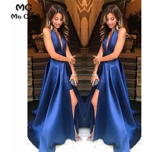 Abendkleider In Stock 2019 A-Line Evening Dresses with Pockets Draped V-Neck Front Split Satin Evening Party Dresses Custom Made
