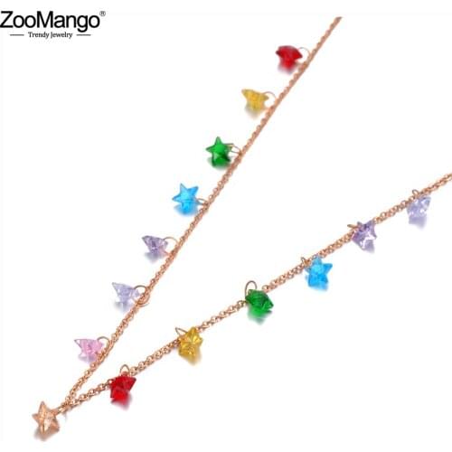 ZooMango Fashion Stainless Steel Colorful Star CZ Crystal Choker Necklace Rose Gold Beautiful Chain Necklace For Women ZN20088