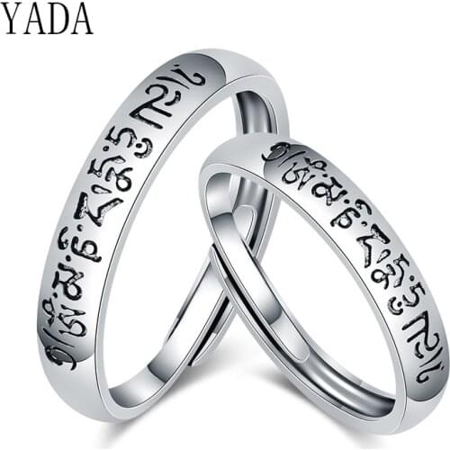 YADA Six Word Mantras Amulet Silver color Rings for Men&women Couples Ring Lotus Sanskrit Buddhist Mantra Jewelry Ring RG200016
