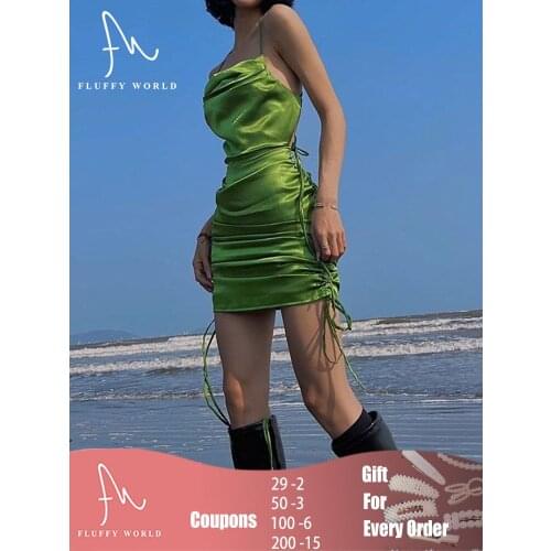 2021 Satin Women Mini Dress Sexy Bodycon Party Clubwear Dresses Backless Spaghetti Straps Bandage Pleated Short Summer Dresses