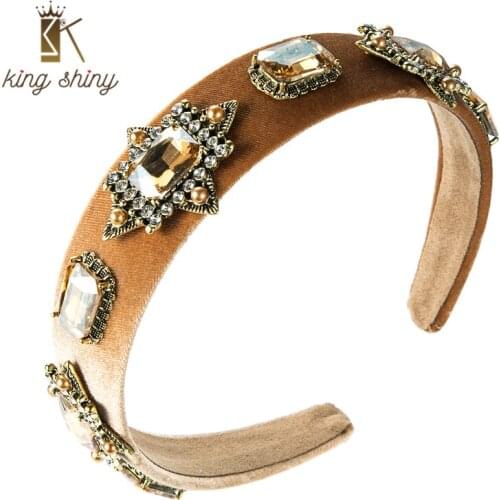 King Shiny Vintage Geometric Crystal Headband for Woman Luxury Sparkly Rhinestone Beaded Velvet Hairband Girls Party Headpieces