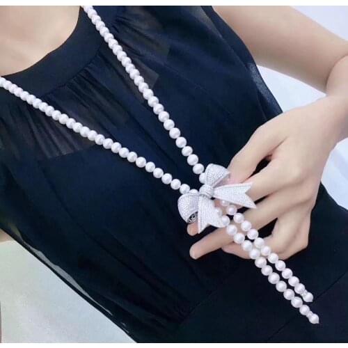 Large bow shining zircon pendant long pearl necklace for women party luxury jewelry necklace holiday gift