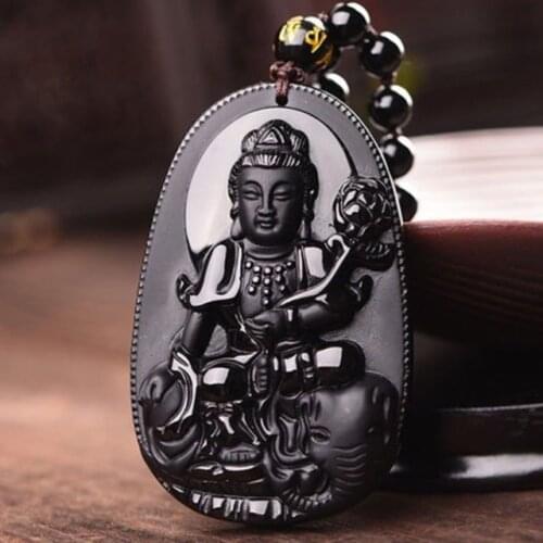 Beautiful Black 100% Natural A Obsidian Carved Kwan-yin Necklaces pendantbeautif