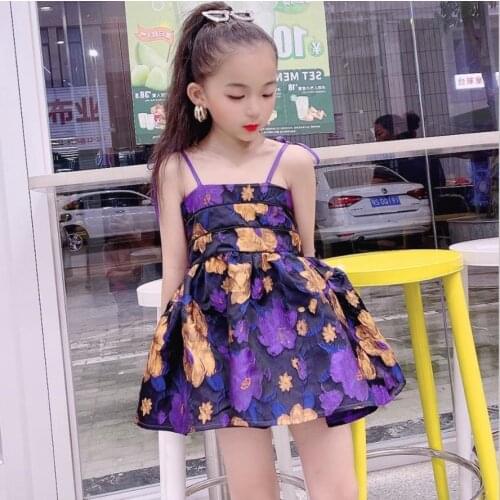 Girl summer new Tutu dress children sling vestidos kids purple floral print dress party clothes baby girl Ball Gown dress wz269
