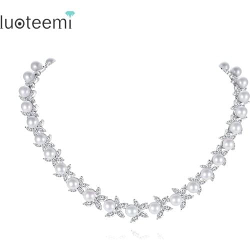 LUOTEEMI Gorgeous High Quality Imitation Pearls Necklace for Women Multiple Pearls and Cubic Zirconia Jewelry for Bridal Wedding
