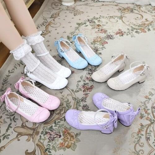 Japanese Sweet Lolita Shoes Kawaii Girl Round Head High Heel Shallow Mouth Bandage Kawaii Shoes Cosplay Loli Daily Single Shoes