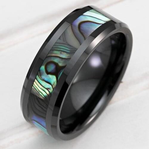 Fashion 8mm Mens Black Tungsten Carbide Ring Natural Abalone Shell Inlay Beveled Edged Tungsten Ring Mens Wedding Band