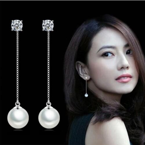 Fashion Silver-color Drop Earrings Simulated Pearl Pendant Long Chain Cubic Zirconia Long Earrings Bridal Wedding Pearl Jewelry