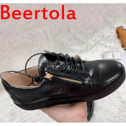 Beertola Male Comfortable Black Color Fashion Loafers Flats Sole Round Toe Lace-Up Zipper Manual Resign So Cool Men Shoes Unisex