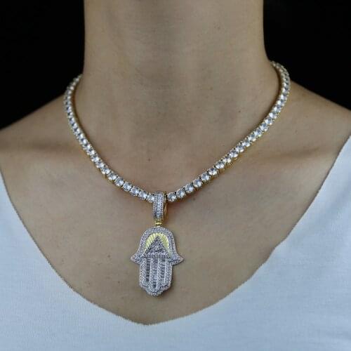 New Iced Out Bling Women Jewelry Micro Pave CZ Lucky Evil Eye Hamsa Hand Pendant Tennis Charm Necklace