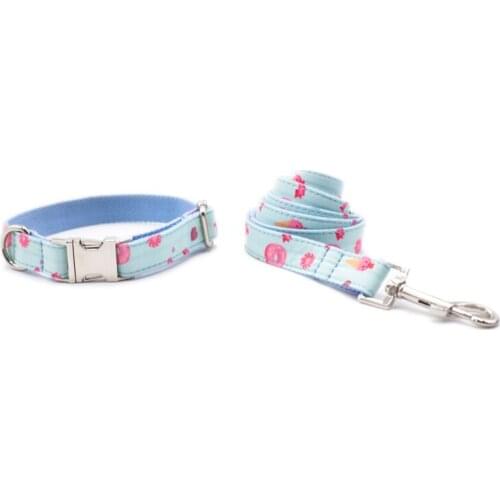 Blue Macarons Collar and Lead Set with Bow Tie Pet Puppy Cotton Dog &Cat Necklace and Dog Leash Free Engraved Nameplate