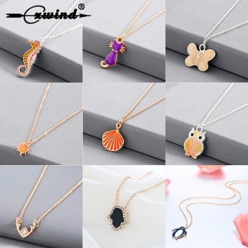 Cxwind Necklace For Children Kids Enamel Cartoon Cat Penguin Jewelry Accessories Women Animal Necklace Pendant Seashell Party
