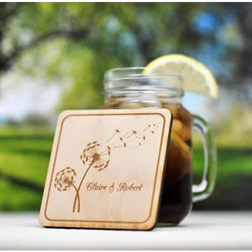 Personalized Laser Engraved Wooden Coaster With Dandelions Design