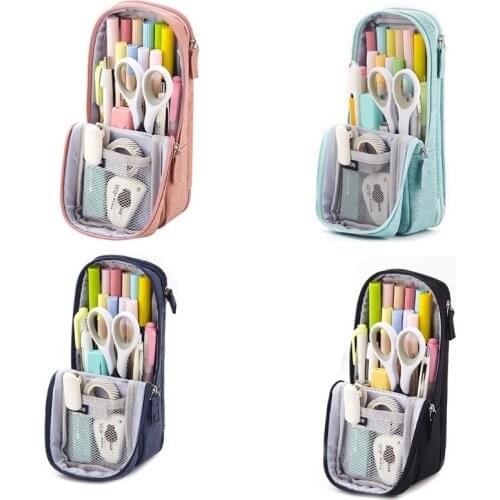 C1FB Portable 2-Layer Makeup Pouch Large Vertical Pencil Holder Bag Desk Phone Stand Washable Reusbale for Women Students