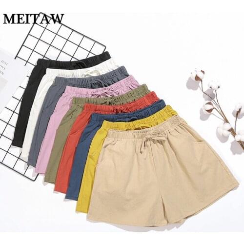 Summer Women Cotton Linen Wide Leg Shorts Korean High Waist Shorts 2020 Casual Solid Drawstring Loose Shorts