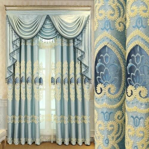 European Style Curtains for Living dining Room Bedroom Blue Chenille Jacquard Embroidered Curtains Valance Curtains